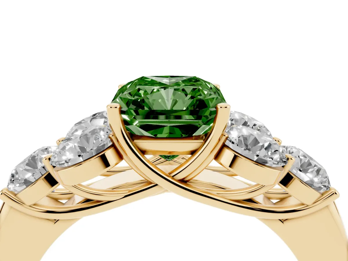Fancy Green Radiant Cut Cut Diamond Cluster Ring with Round Accent Stones and Prong Setting on a Classic Band Yellow gold