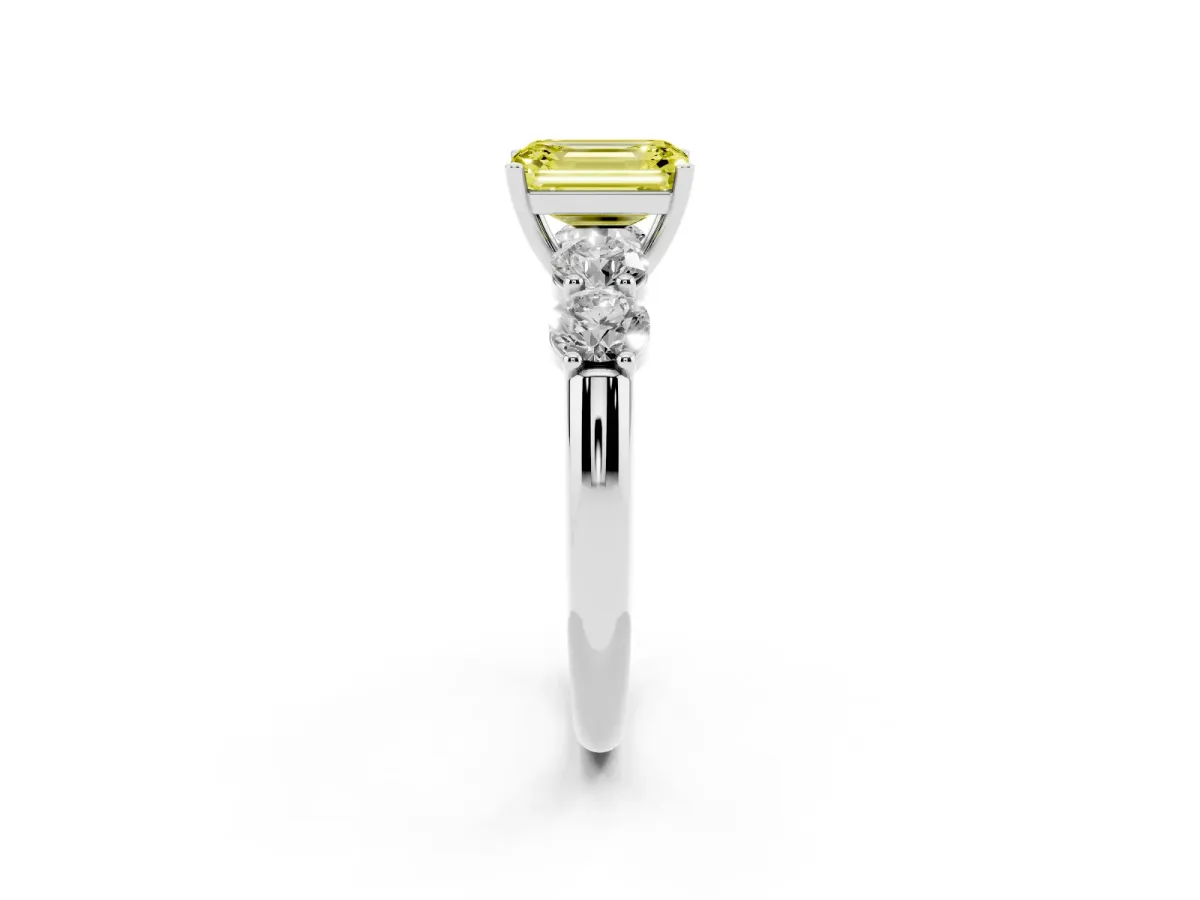 Fancy Yellow Emerald Cut Cut Five-Stone Prong Set Diamond Ring with Classic Band Platinum