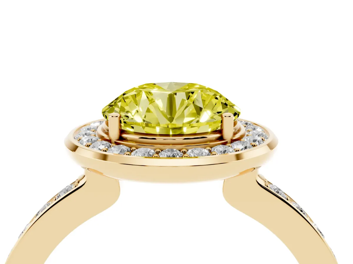 Fancy Yellow Round Cut Diamond Halo Ring with Bezel Frame and Pavé Band Yellow gold