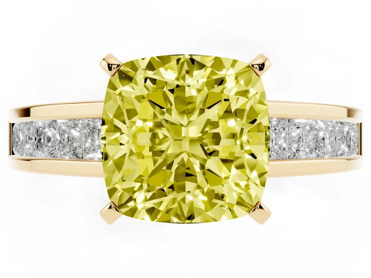 Fancy Yellow Cushion Cut Solitaire Diamond Ring with Channel-Set Band and Four-Prong Setting Yellow gold