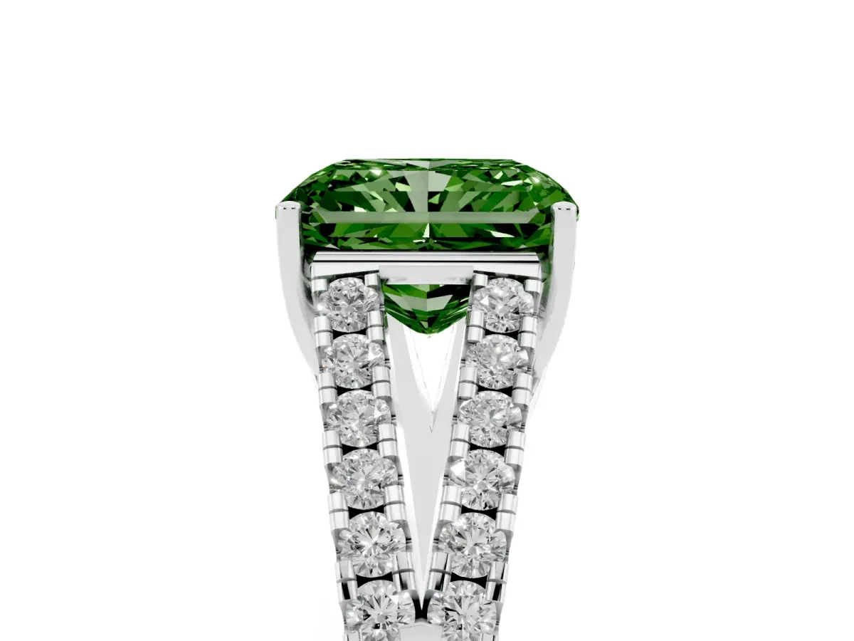 Fancy Green Radiant Cut Diamond Split Shank Pavé Engagement Ring with Four-Prong Setting Platinum