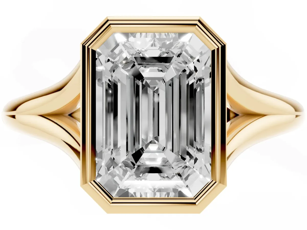 Bezel Set Emerald Cut Cut Solitaire Ring with Tapered Band Yellow gold