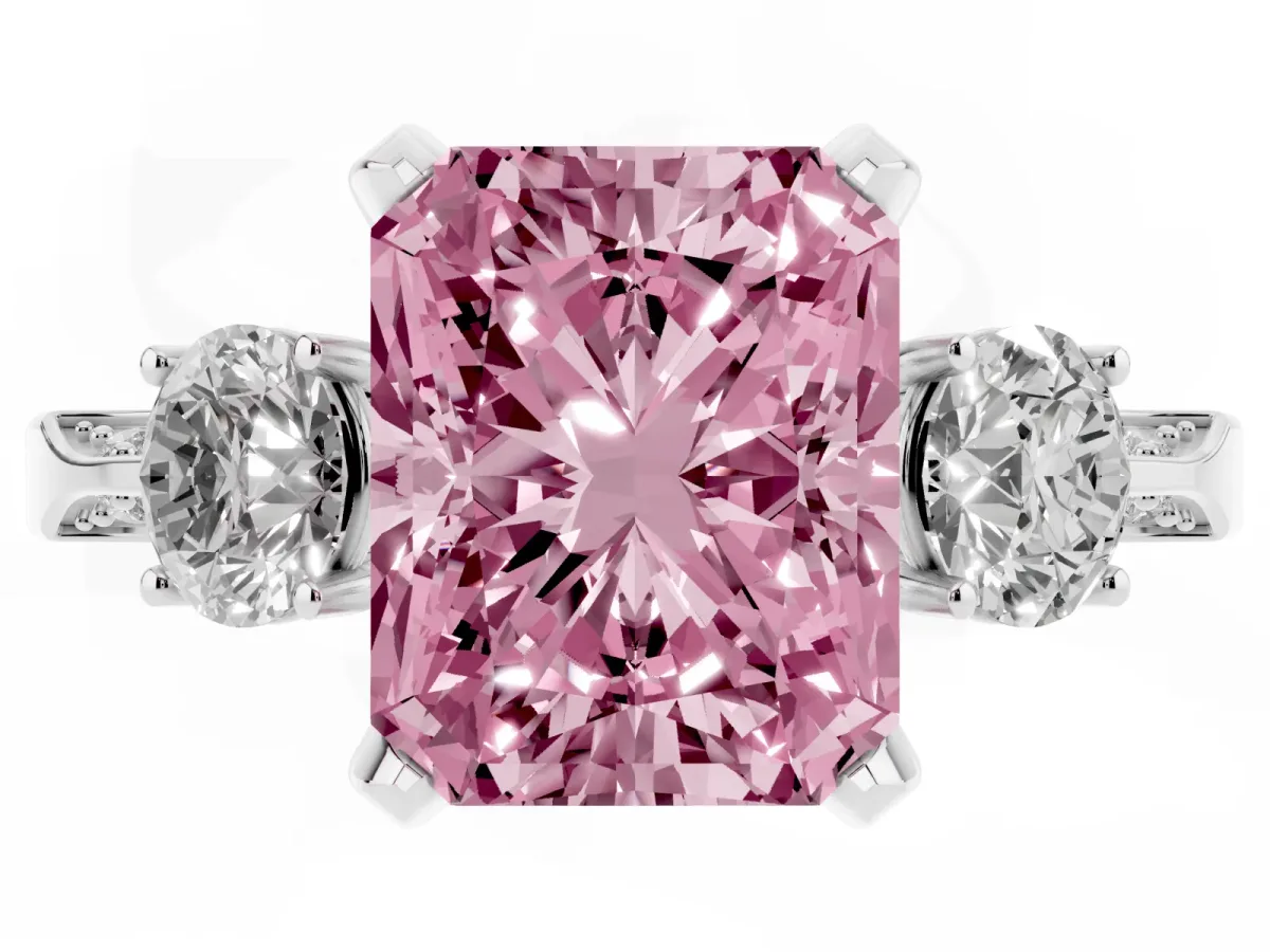 Fancy Pink Radiant Cut Brilliant Three-Stone Diamond Ring with Pavé Band and Four-Prong Setting White gold