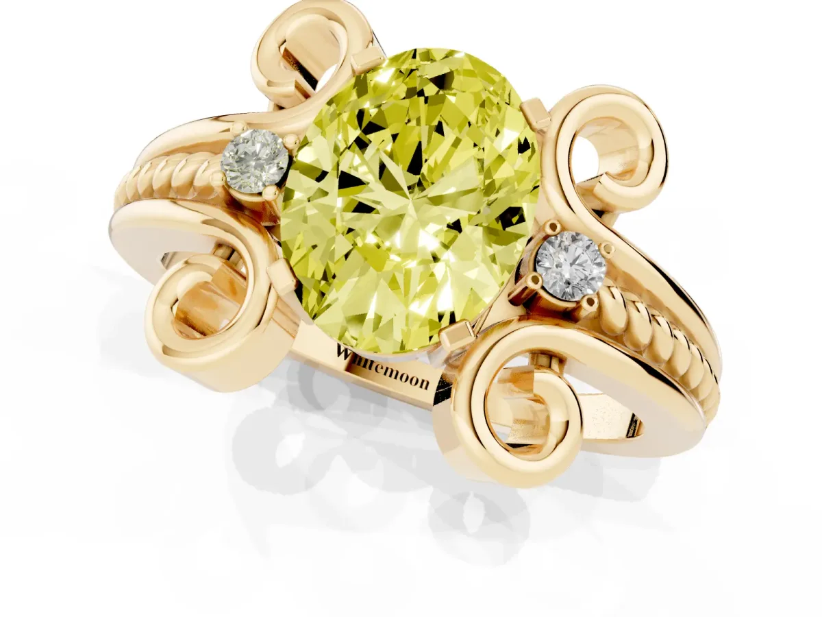Fancy Yellow Oval Cut Solitaire Twisted Band Scroll Prong Ring Yellow gold