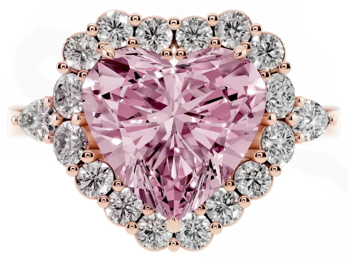 Fancy Pink Heart Cut Diamond Halo Ring with Pear Side Stones and Prong Setting Rose gold