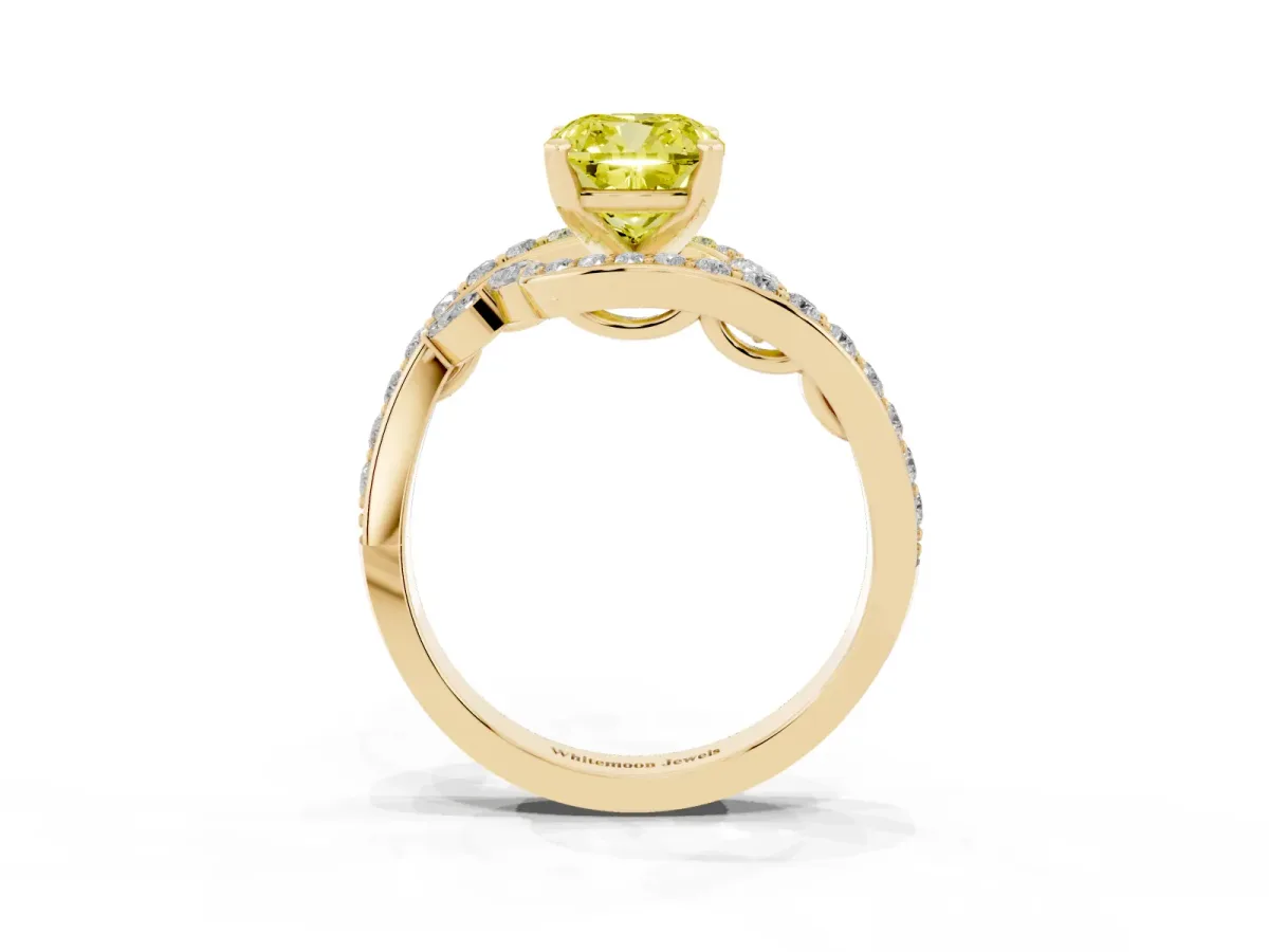Fancy Yellow Cushion Cut Solitaire with Pavé Twist Band and Four-Prong Setting Yellow gold