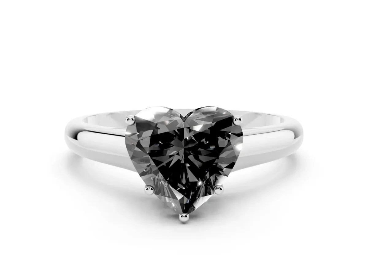 Fancy Black Heart Cut Cut Diamond Solitaire Engagement Ring with Tapered Plain Band and Four-Prong Setting Silver