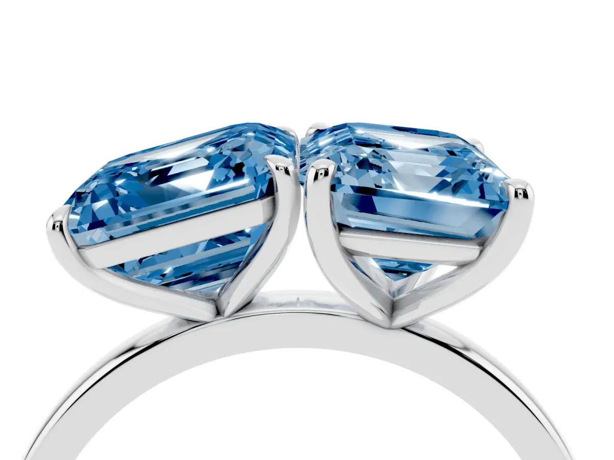 Fancy Blue Asscher Cut and Emerald Cut Toi Moi Ring with Prong Setting Platinum