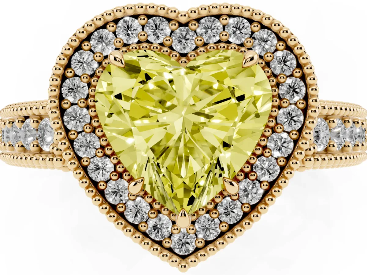 Fancy Yellow Heart Cut Cut Halo Diamond Ring with Pavé Band and Four-Prong Setting Yellow gold