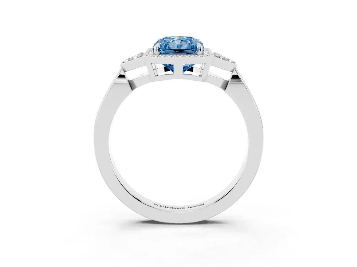 Fancy Blue Hexagonal Halo Radiant Cut Diamond Solitaire with Pavé Band and Four-Prong Setting Silver