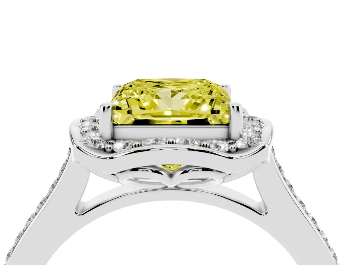 Fancy Yellow Princess Cut Halo Round Diamond Pave Band with Four-Prong Setting White gold