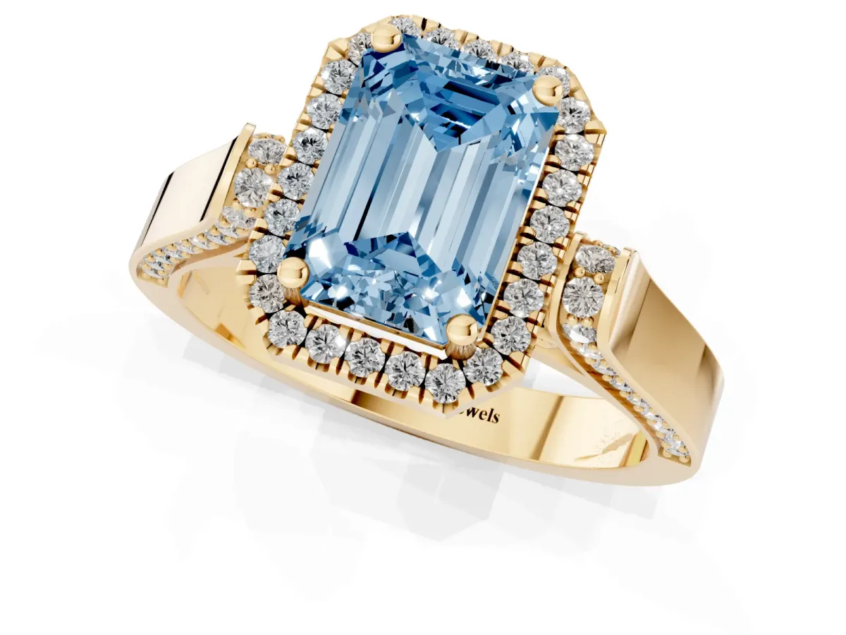 Fancy Blue Emerald Cut Halo Round Diamond Twist Band with Four-Prong Setting Yellow gold