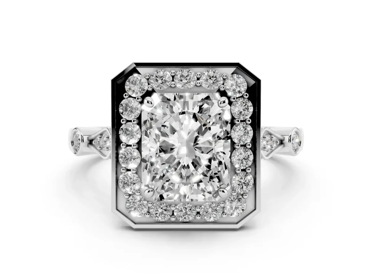 Radiant Cut Halo Diamond Engagement Ring with Twisted Band and Four-Prong Setting Platinum