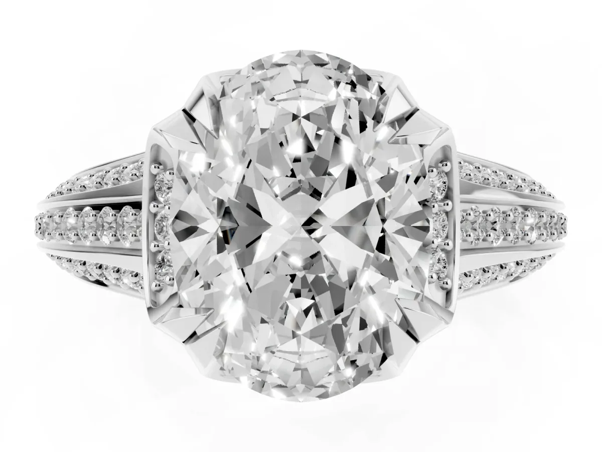 Oval Cut Solitaire Pave Split Shank Ring with Four-Prong Setting Platinum