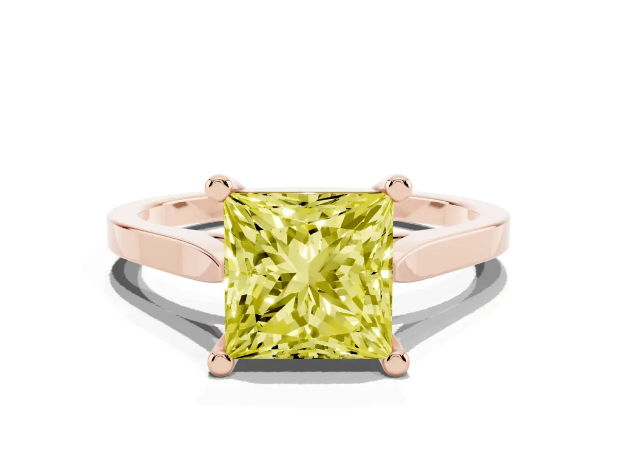 Fancy Yellow Princess Cut Solitaire Diamond Ring with Four-Prong Setting and Tapered Band Rose gold