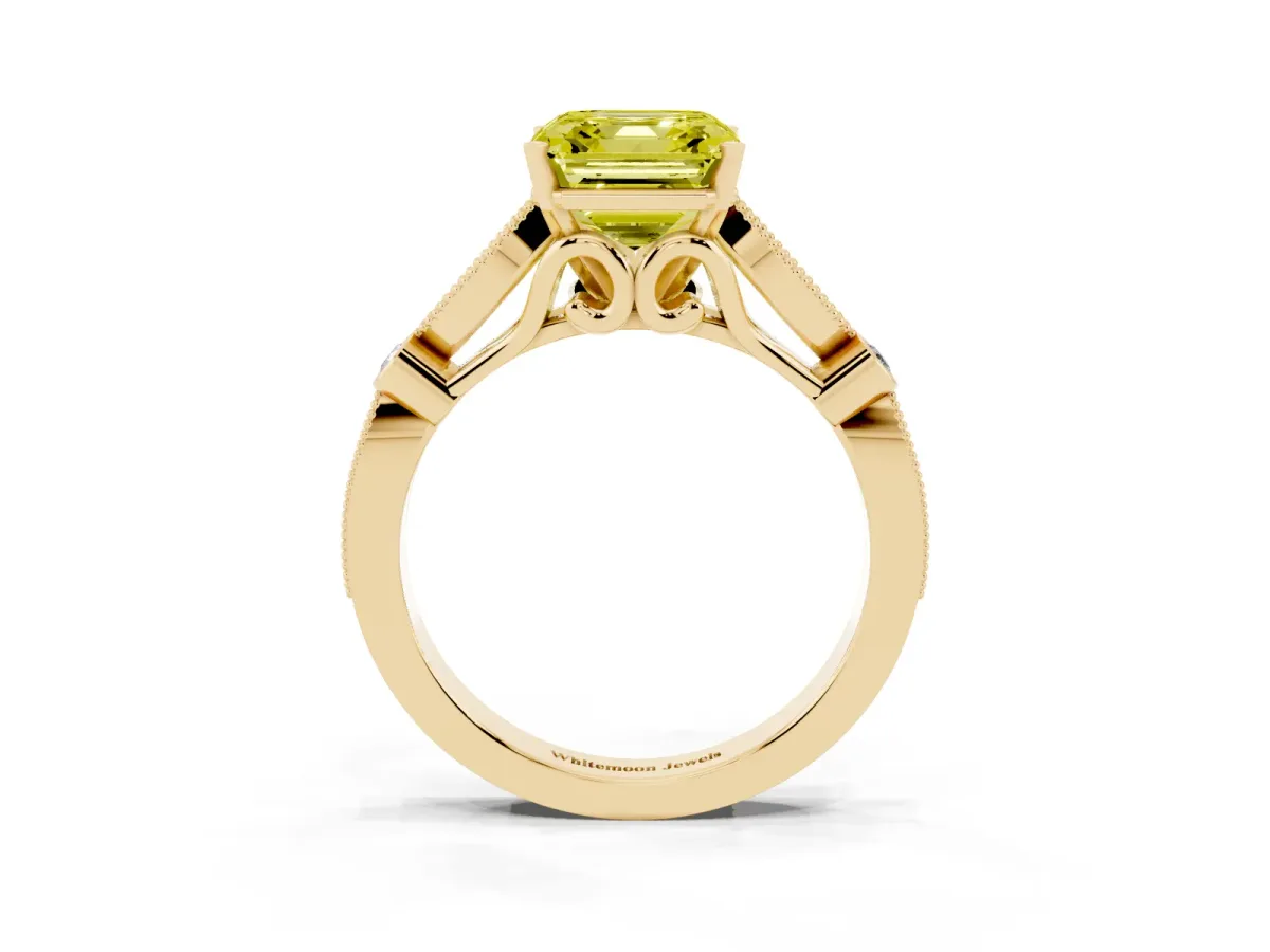 Fancy Yellow Asscher Cut Cut Diamond with Milgrain Marquise and Bezel Accents on a Solitaire Band with Prong Setting Yellow gold