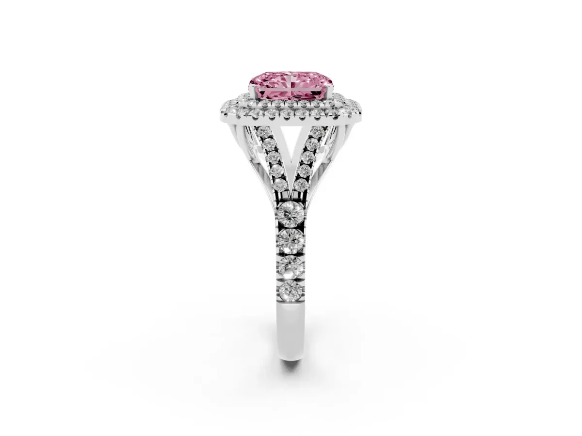 Fancy Pink Double Halo Radiant Cut Diamond Split Shank Engagement Ring with Four-Prong Setting Silver