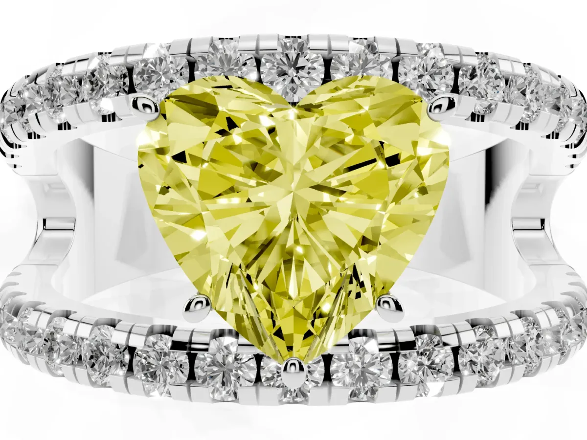 Fancy Yellow Heart Cut Solitaire Split Shank Pave Diamond Ring Platinum