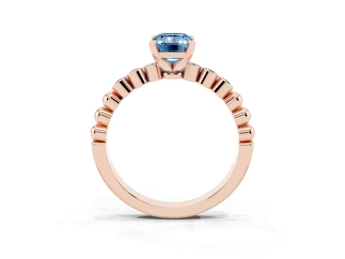 Fancy Blue Emerald Cut Solitaire Bezel Accent Diamond Engagement Ring with Beaded Band and Four-Prong Setting Rose gold