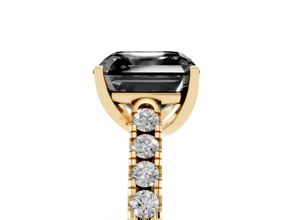 Fancy Black Asscher Cut Diamond Pavé Band Solitaire Ring with Prong Setting Yellow gold