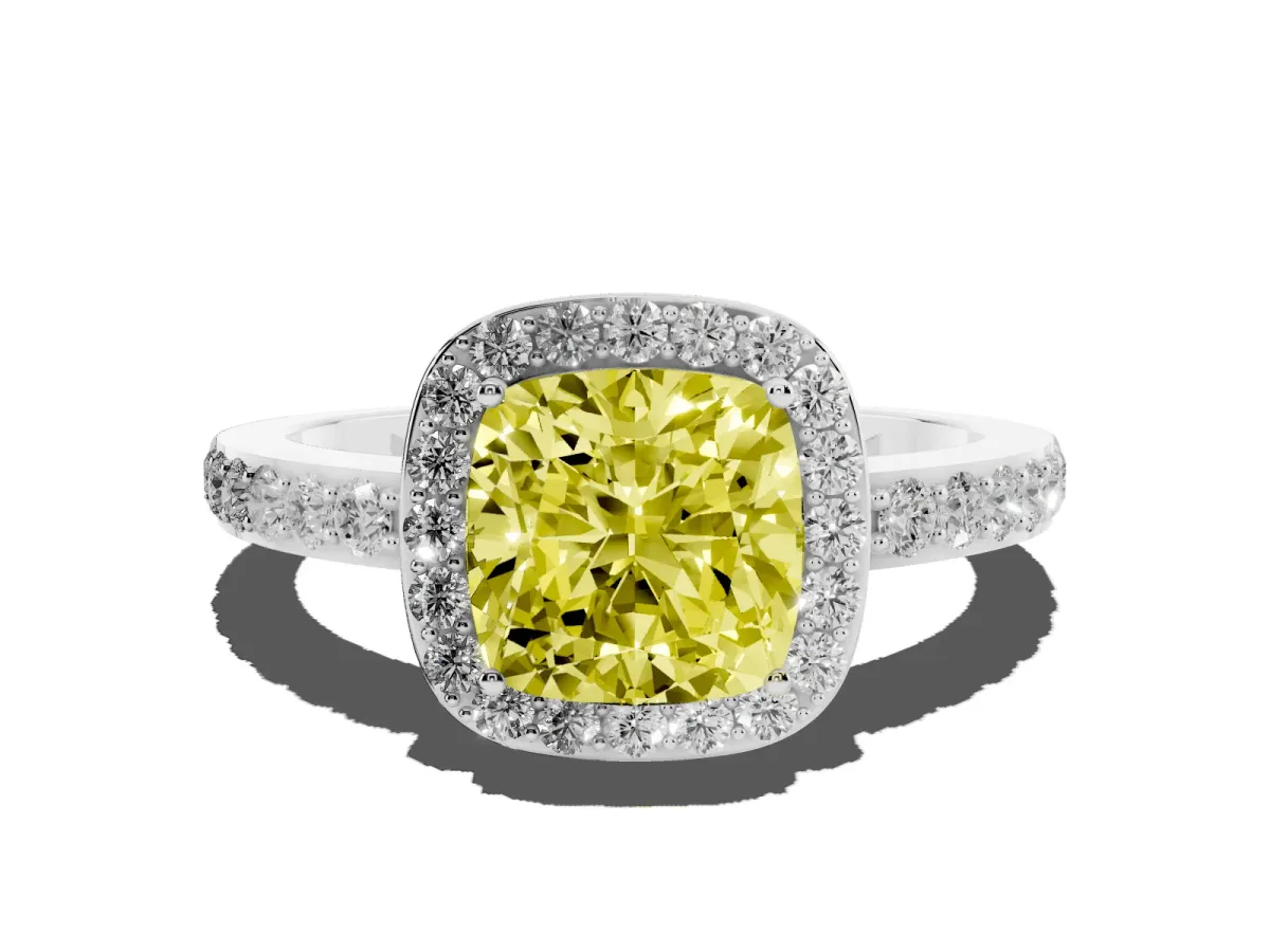 Fancy Yellow Cushion Cut Halo Diamond Pavé Band Ring with Prong Setting Silver