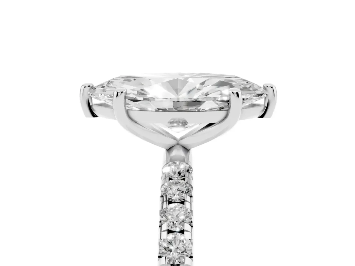 Marquise Cut Cut Diamond Solitaire Ring with Micro Pave Band and Four Prong Setting Silver
