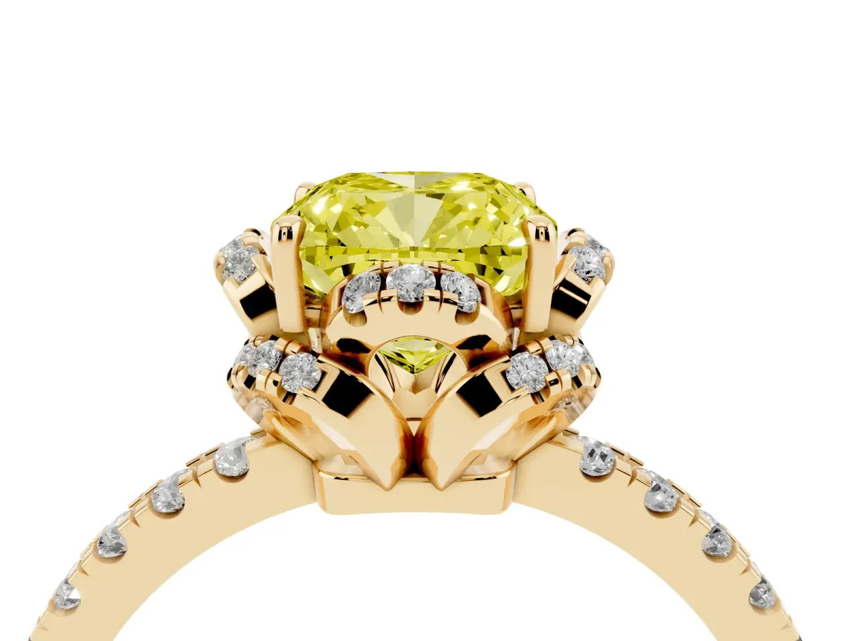 Fancy Yellow Cushion Cut Diamond Halo Pave Band with Four-Prong Setting Yellow gold
