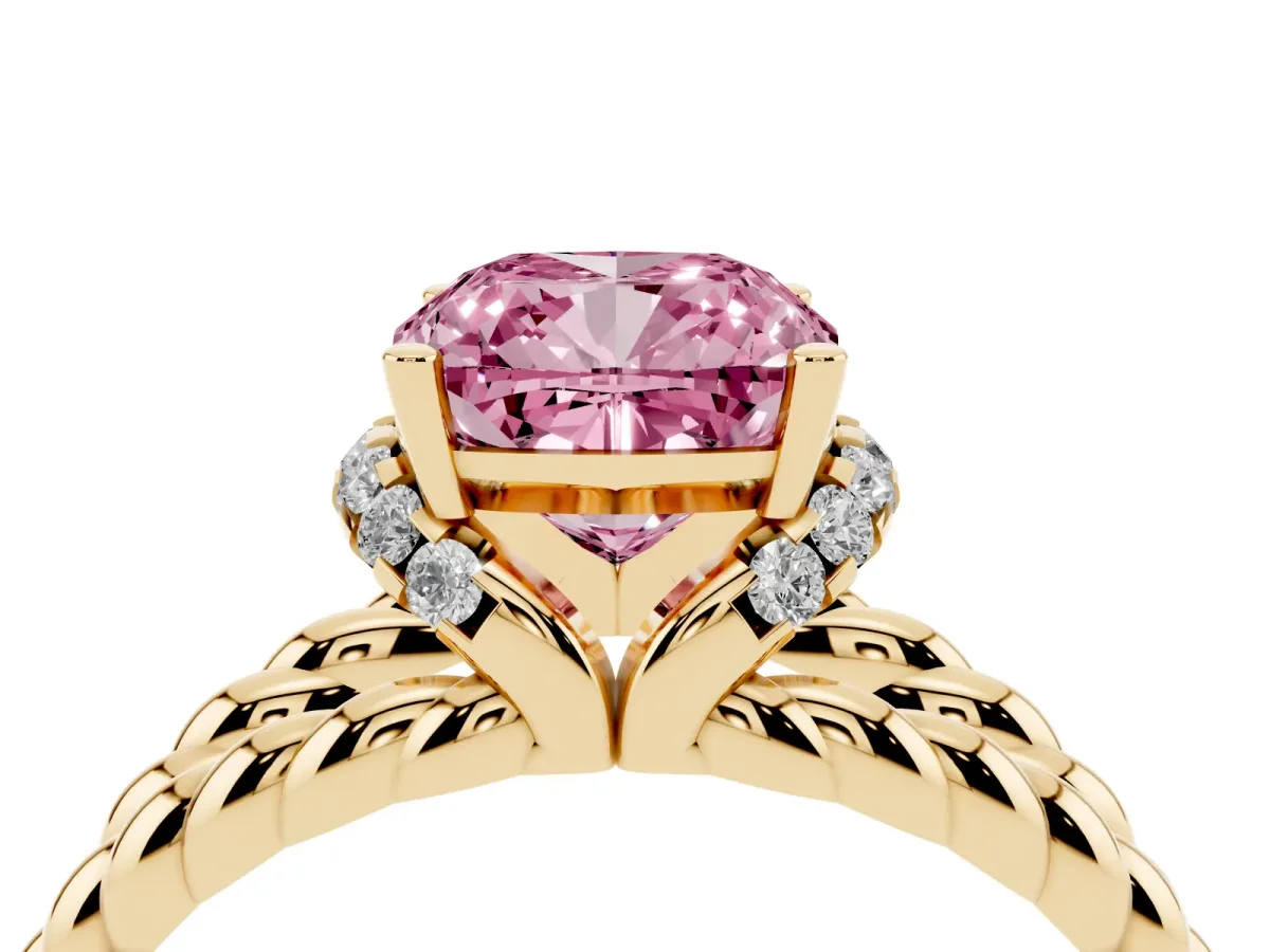 Fancy Pink Cushion Cut Halo Twisted Band Four-Prong Ring Yellow gold