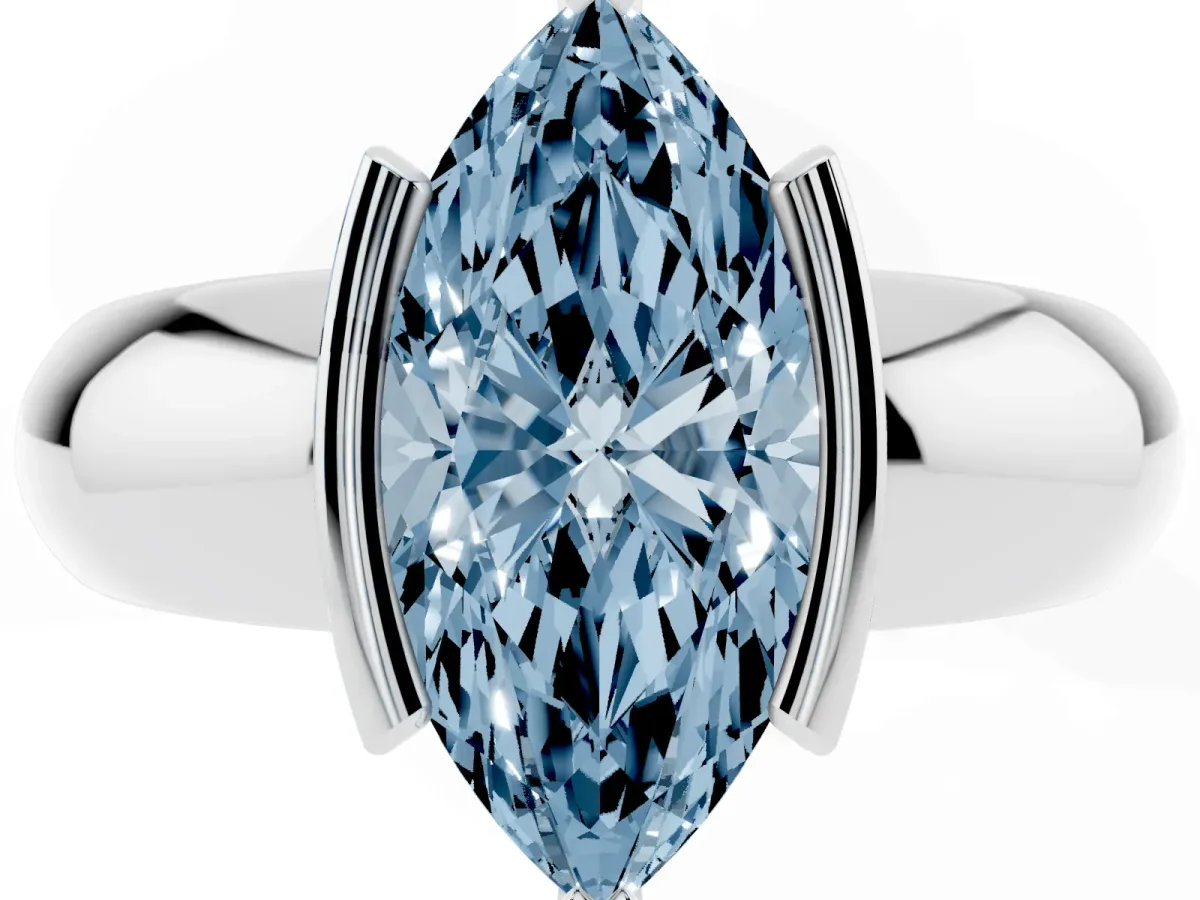 Fancy Blue Marquise Cut Solitaire Tension Set Diamond Ring with Wide Band Silver