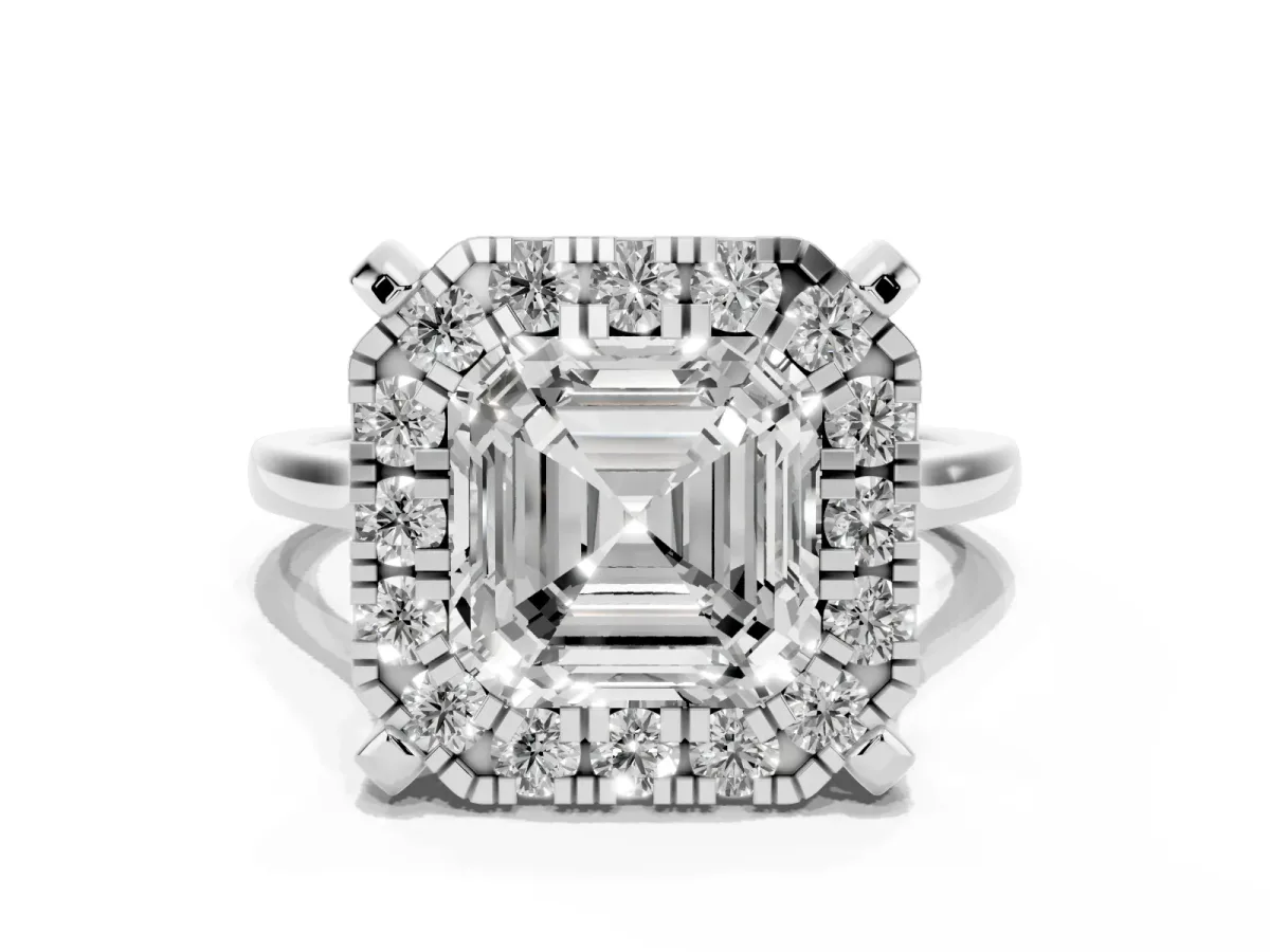 Asscher Cut Diamond Cluster Halo Solitaire with Four-Prong Setting White gold