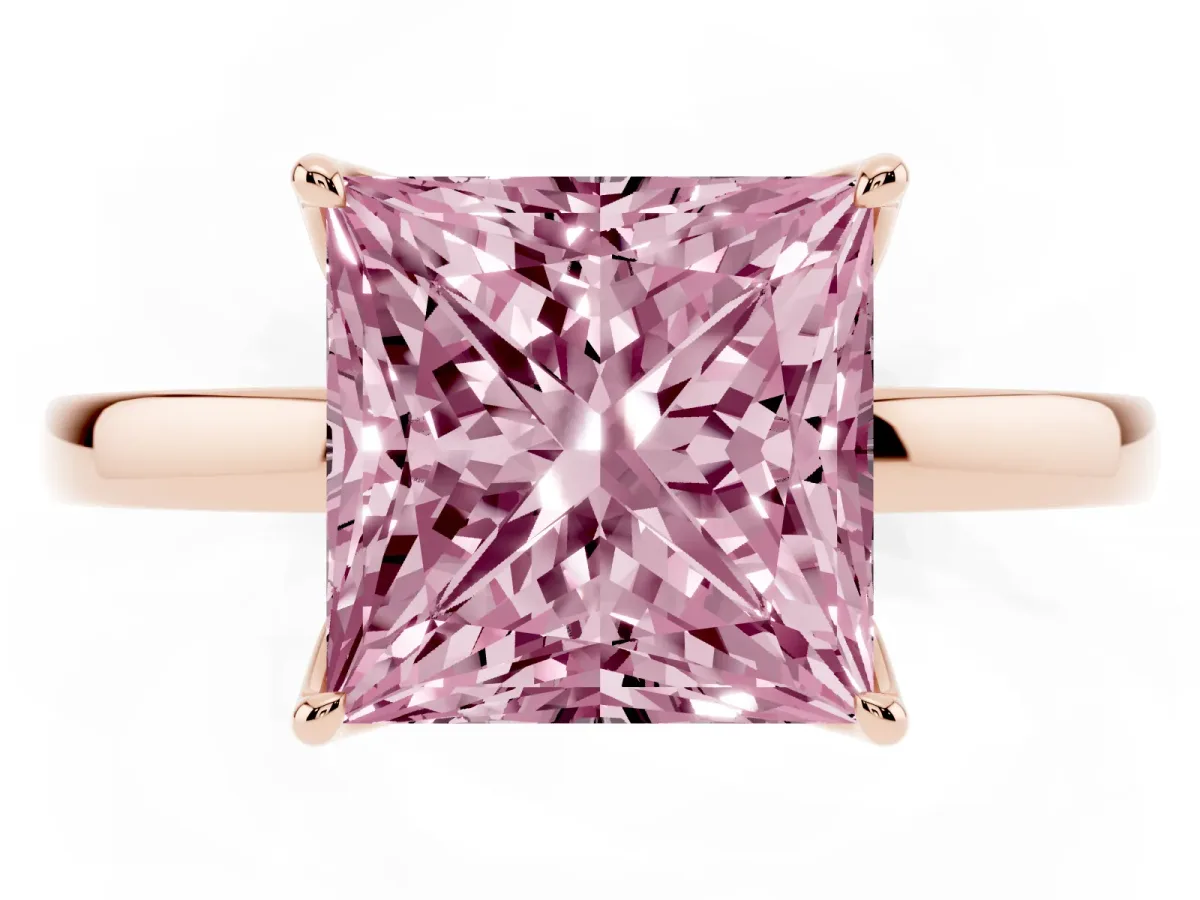 Fancy Pink Princess Cut Diamond Solitaire Ring with Thin Band and Prong Setting Rose gold