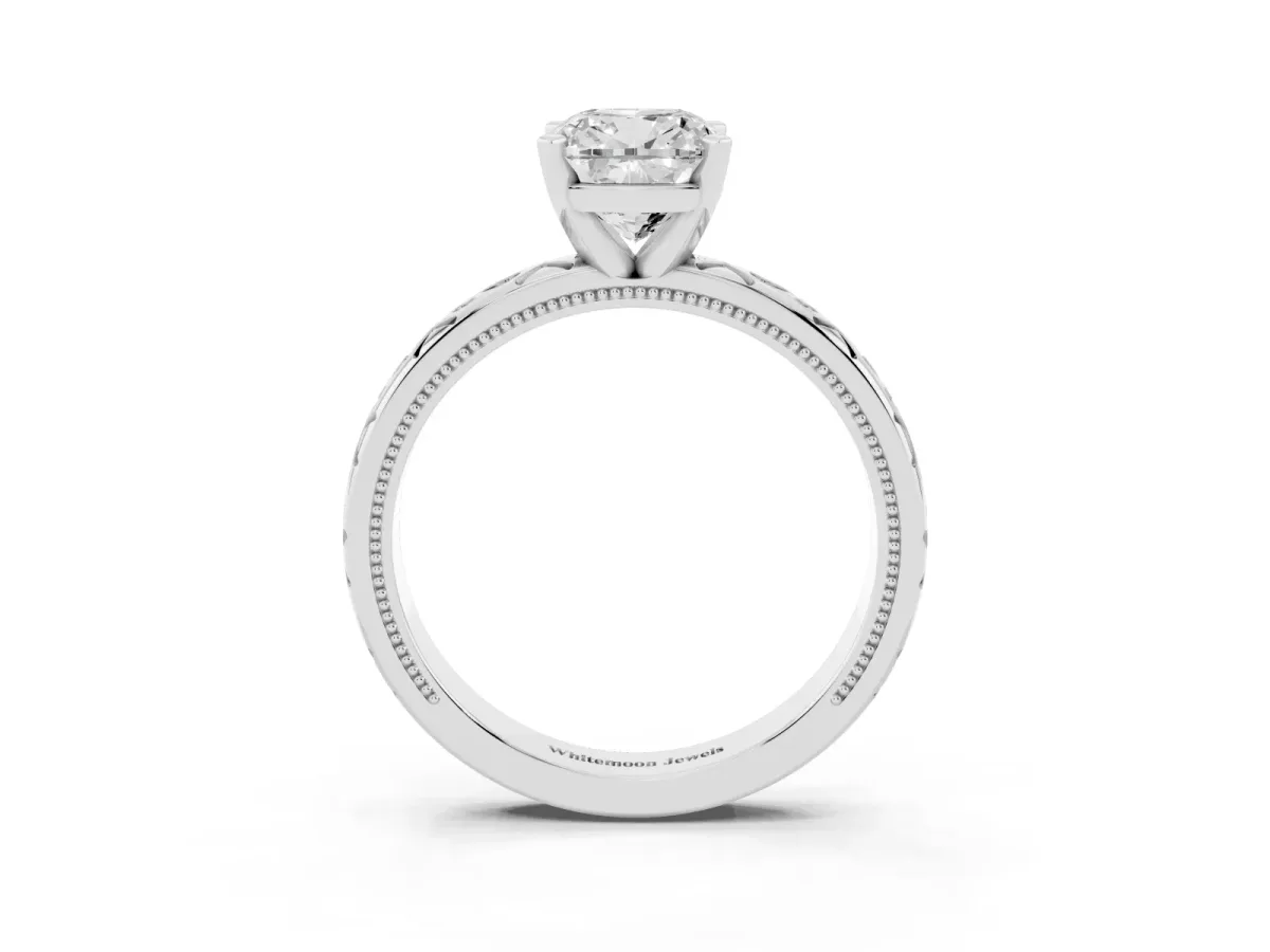 Cushion Cut Solitaire Engagement Ring with Scrollwork Band and Four-Prong Setting Platinum