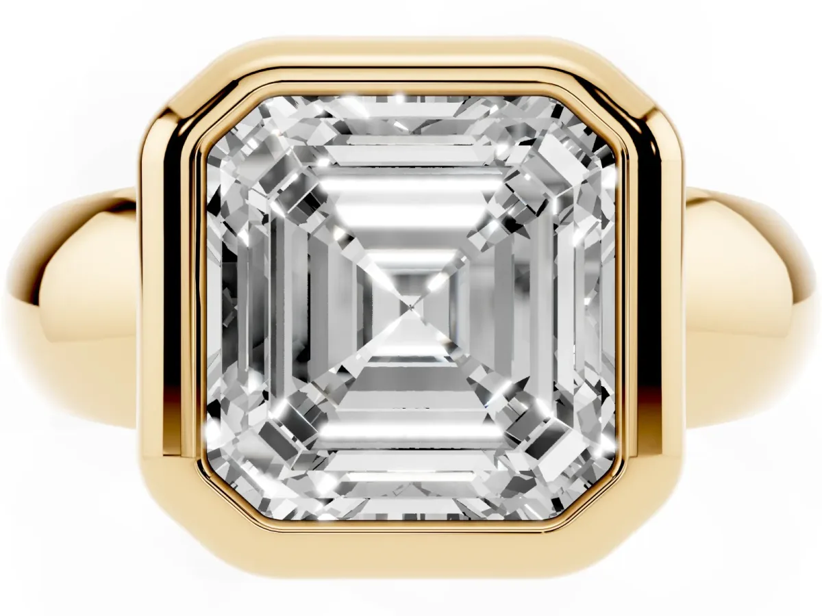 Bezel Set Asscher Cut Solitaire Ring with Wide Band Yellow gold