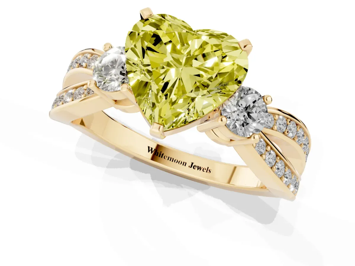 Fancy Yellow Three-Stone Heart Cut Cut Diamond Twist Band with Prong Setting Yellow gold