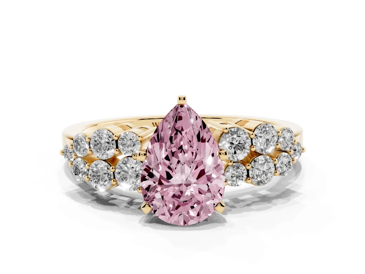 Fancy Pink Pear Cut Cluster Diamond Engagement Ring with Pavé Band and Four-Prong Setting Yellow gold