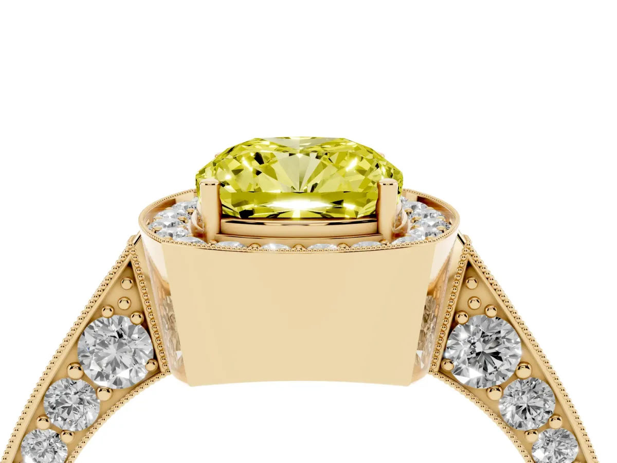 Fancy Yellow Cushion Cut Halo Diamond Engagement Ring with Split Shank Band and Four-Prong Setting Yellow gold