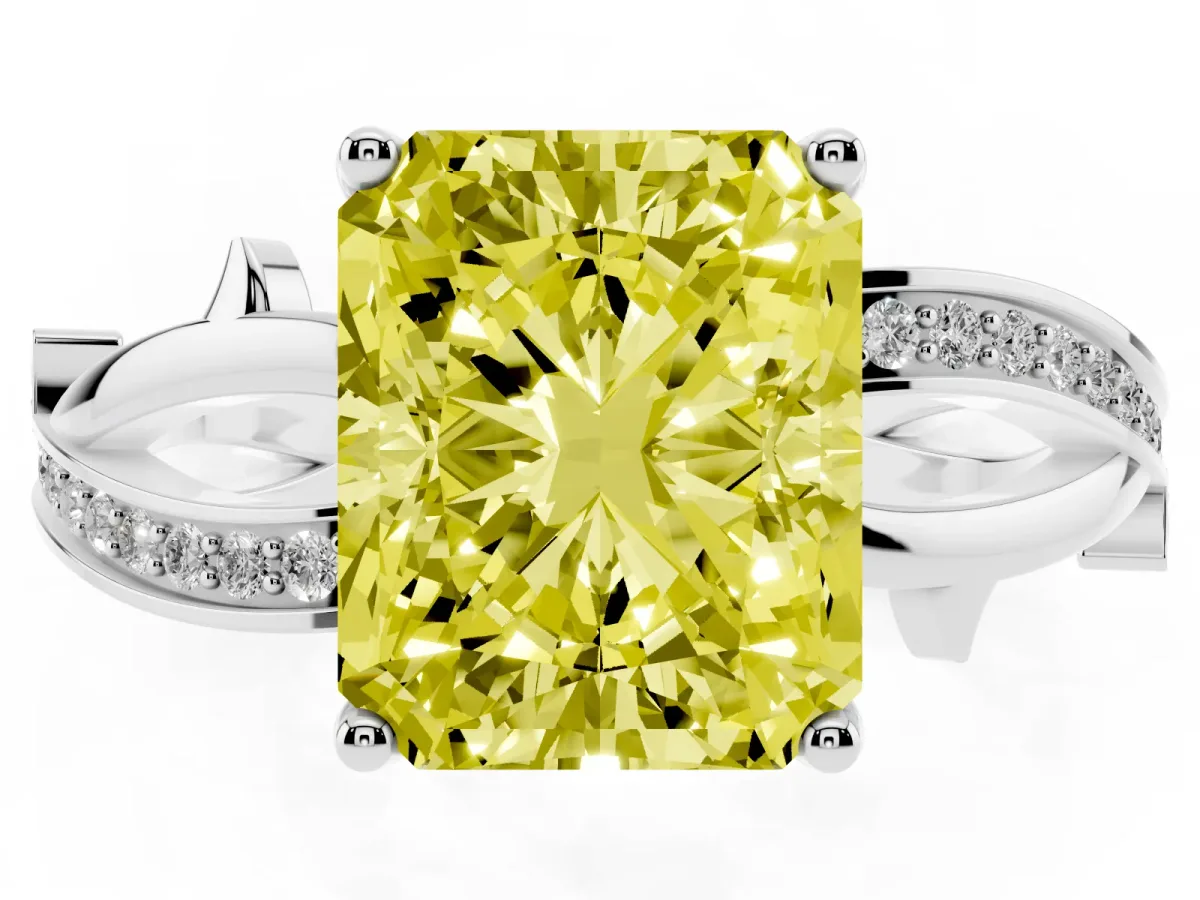 Fancy Yellow Radiant Cut Solitaire Twist Band with Pavé Accents and Four-Prong Setting White gold