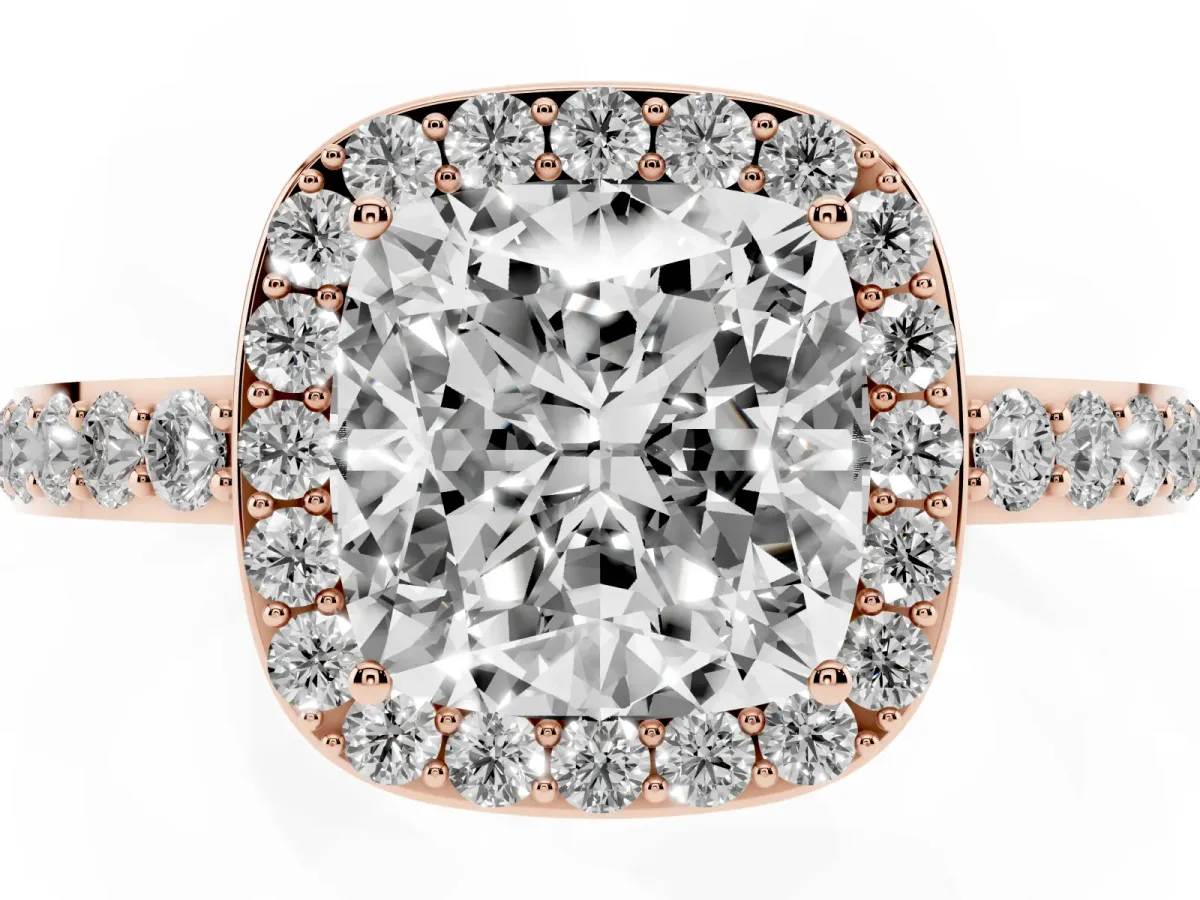 Cushion Cut Halo Diamond Pavé Band Ring with Prong Setting Rose gold