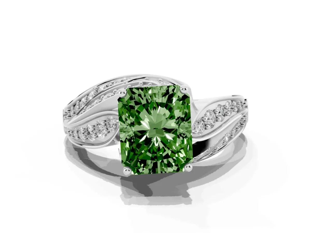Fancy Green Radiant Cut Diamond Solitaire Ring with Prong Setting and Twisted Pavé Band Silver