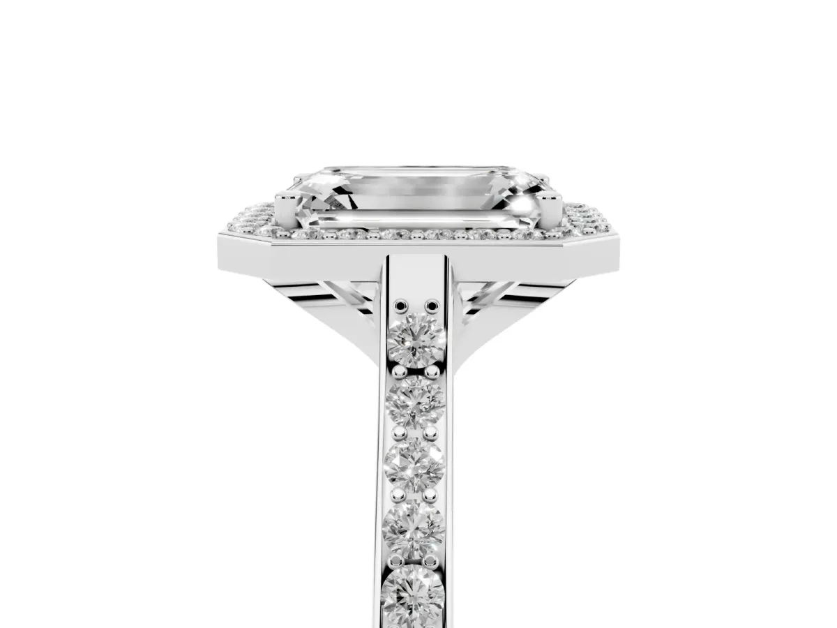 Emerald Cut Diamond Halo Engagement Ring with Round Pavé Shoulders and Prong Setting White gold