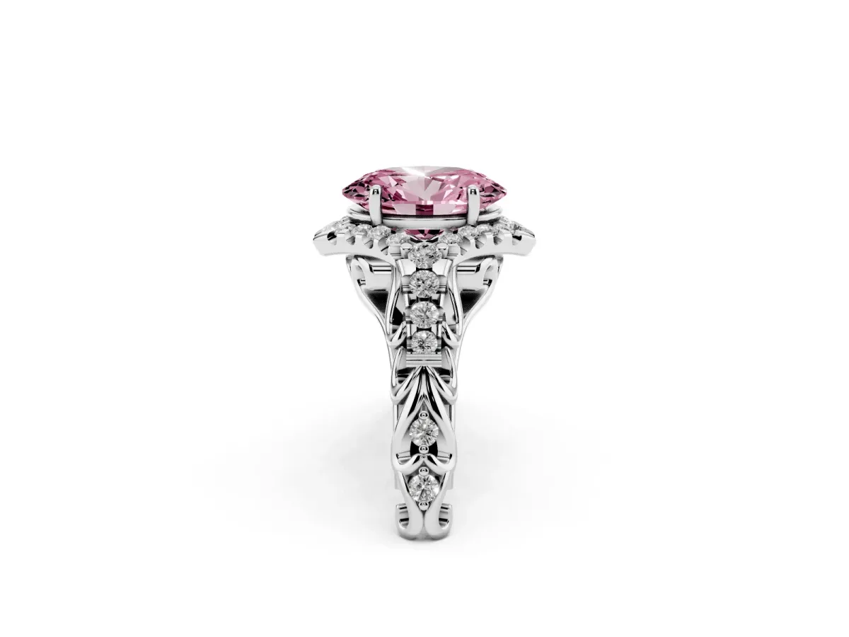 Fancy Pink Oval Cut Diamond Solitaire Ring with Hidden Halo and Pavé Band Platinum
