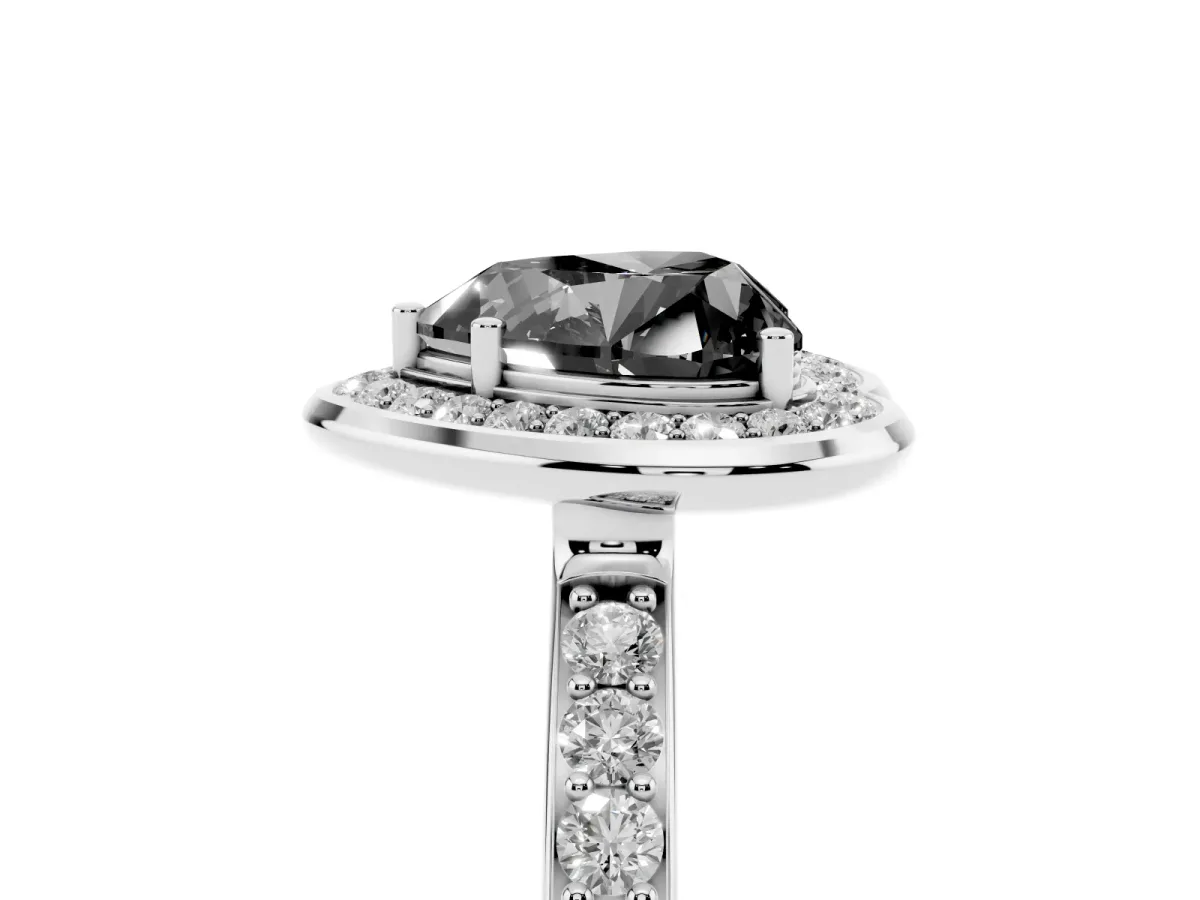 Fancy Black Heart Cut Diamond Halo Ring with Bezel Frame and Pavé Band Silver