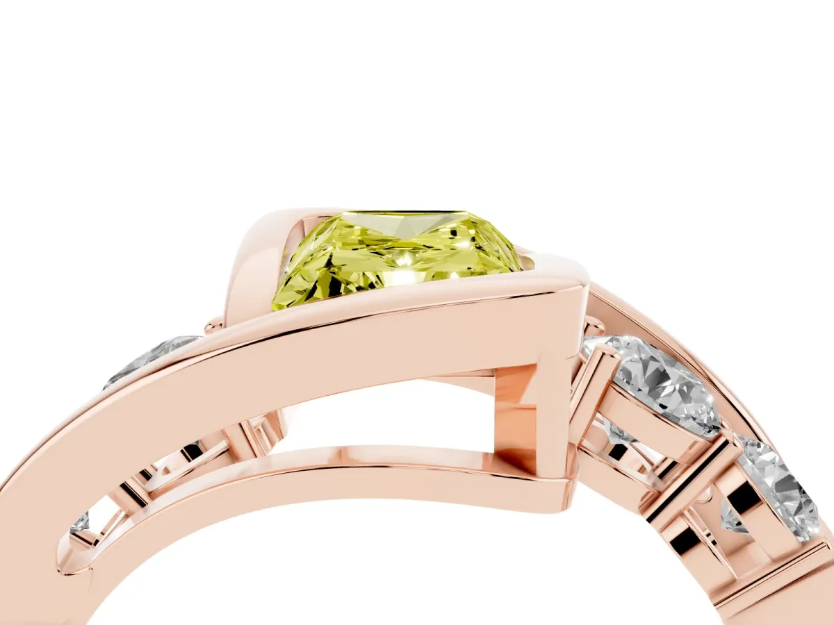 Fancy Yellow Bezel Set Radiant Cut Diamond Bypass Ring with Round Accents Rose gold