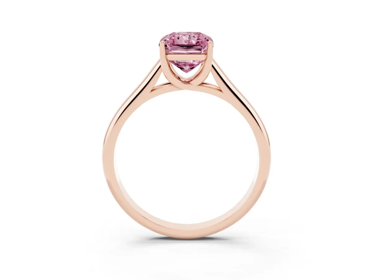 Fancy Pink Radiant Cut Solitaire Engagement Ring with Tapered Band and Four-Prong Setting Rose gold