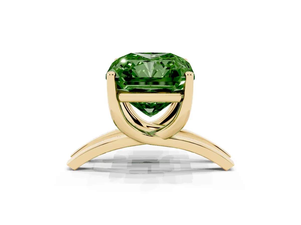 Fancy Green Radiant Cut Cut Diamond Solitaire Engagement Ring with Tapered Plain Band and Four-Prong Setting Yellow gold