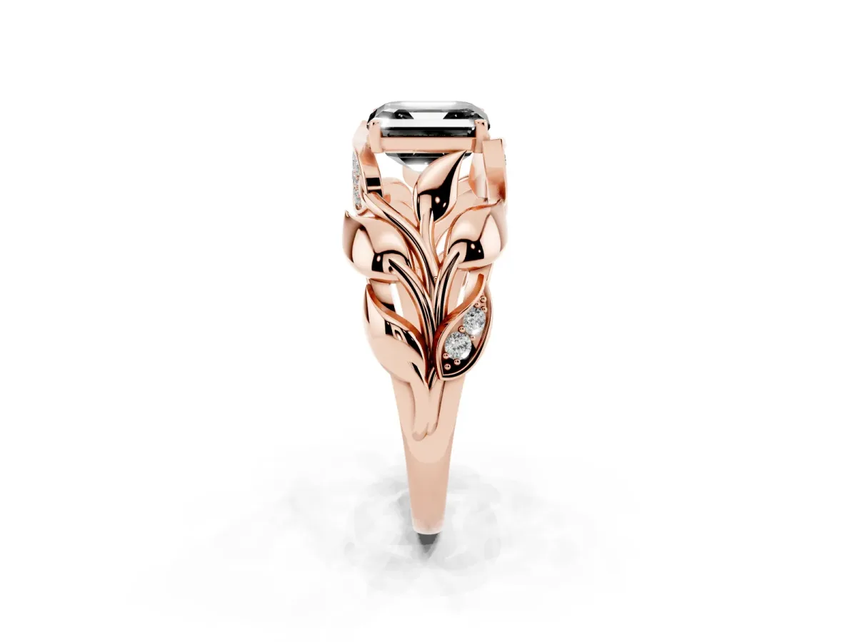 Fancy Black Asscher Cut Diamond Leaf-Inspired Engagement Ring with Round Accents and Prong Setting Rose gold