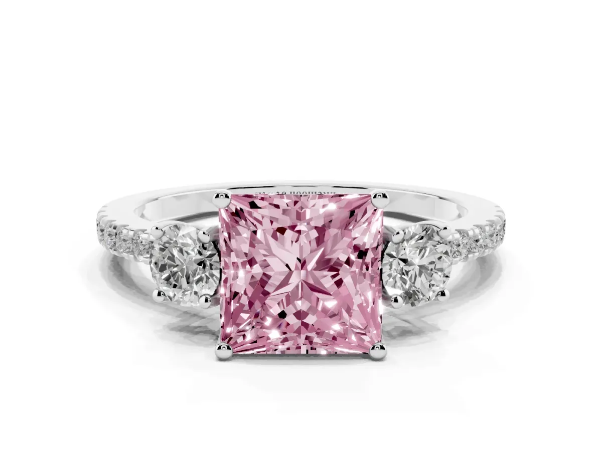 Fancy Pink Three-Stone Princess Cut Cut Diamond Pavé Band with Prong Setting Silver