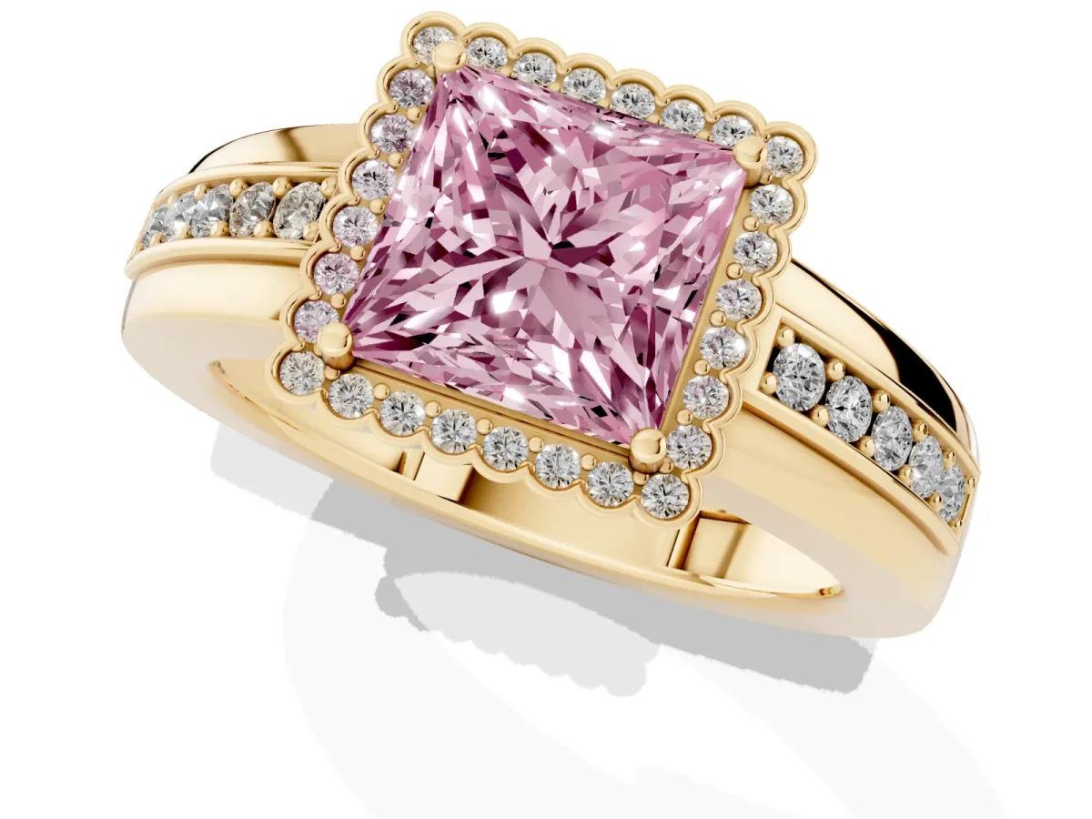 Fancy Pink Princess Cut Cut Halo Pave Band Four-Prong Ring Yellow gold