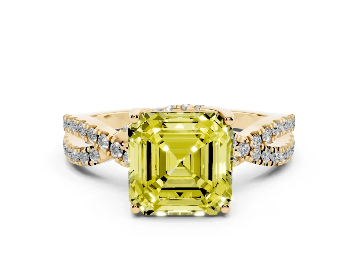 Fancy Yellow Asscher Cut Solitaire Twist Pave Diamond Engagement Ring with Prong Setting Yellow gold