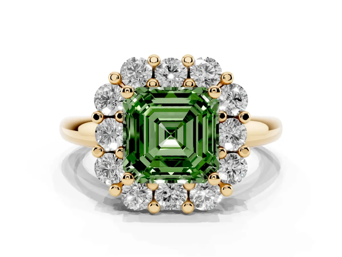 Fancy Green Asscher Cut Halo Cluster Diamond Engagement Ring with Prong Setting and Polished Band Yellow gold